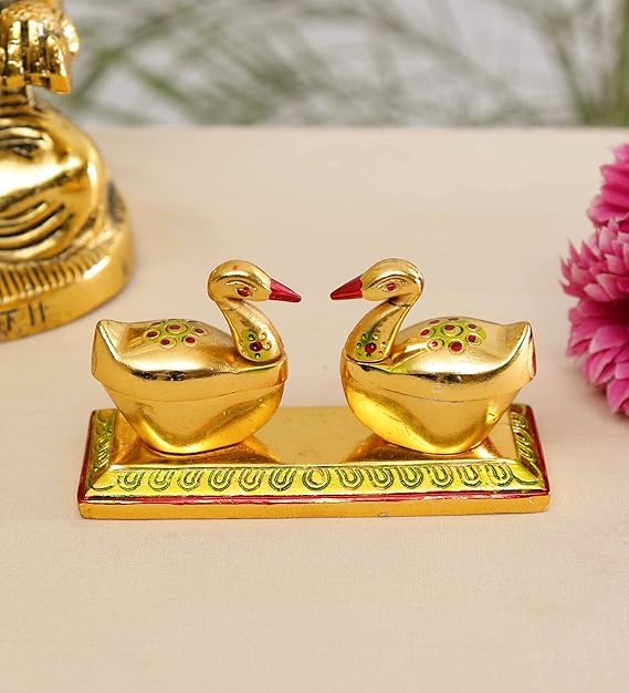 Festilo Loving Bird Duck Chopda Pair, Gold Decorative Showpiece with Kumkum Roli Rice Box, 11 cm, for Gift and Pooja Purpose