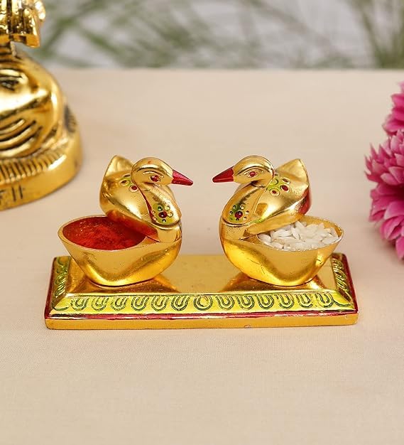 Festilo Loving Bird Duck Chopda Pair, Gold Decorative Showpiece with Kumkum Roli Rice Box, 11 cm, for Gift and Pooja Purpose
