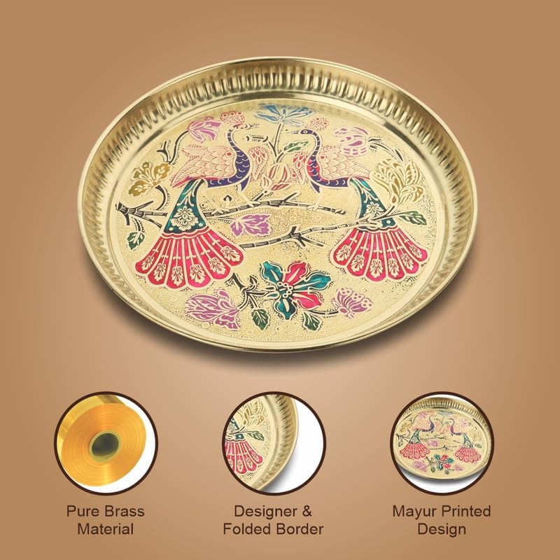 Festilo Brass Golden Color Peacock Design Plate (thali) for use Pooja, Home, Pooja thali/Brass Pooja Thali for Decorate mor Design thali (Size - 10 inch)