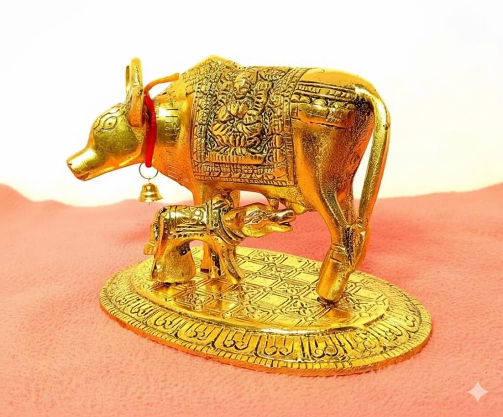 Festilo Kamdhenu Cow Gold Colour Cow and Calf Idol for Pooja, Return Gifts, Kamdhenu Cow and Calf for Gift, Statue for Home Decor (9 x 8 CM)