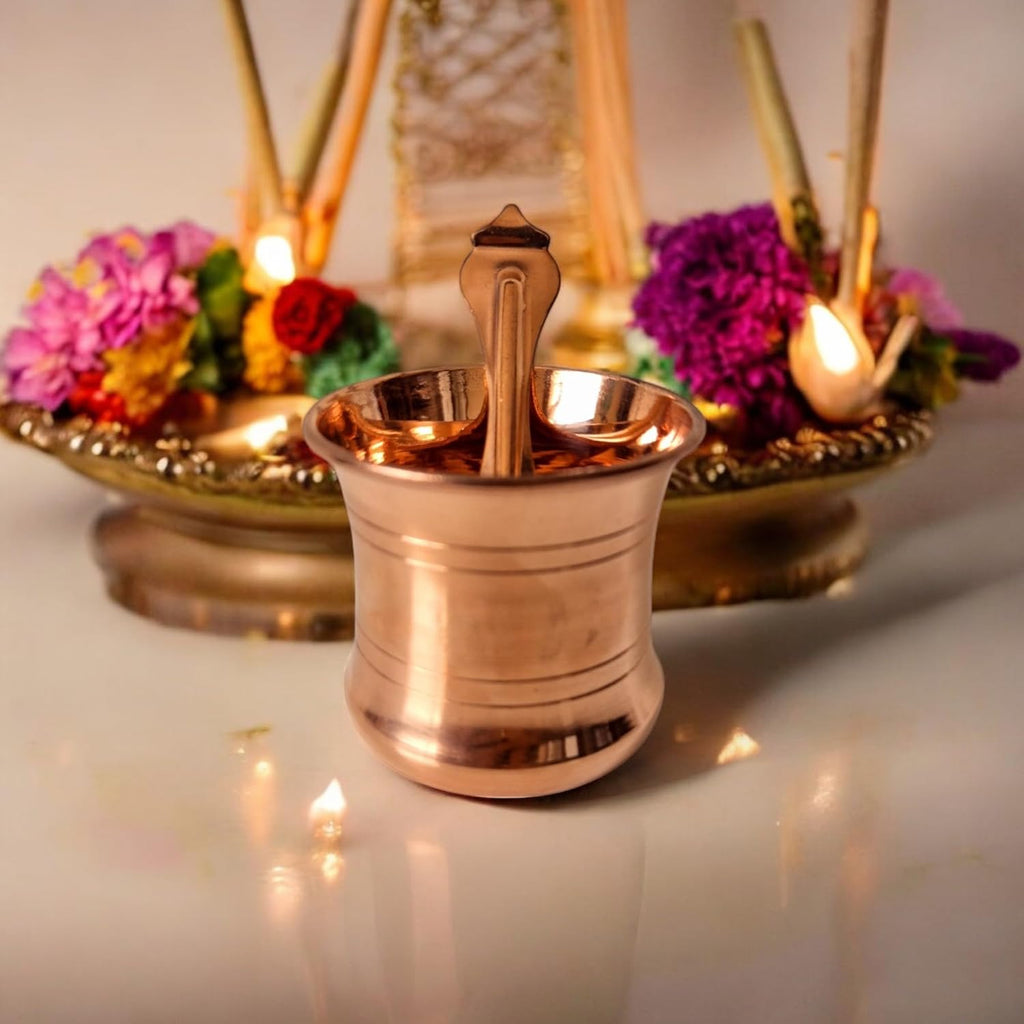 Festilo Copper Panchpatra Set with Snake Head Design Spoon(Udarini) | Pooja Accessory for Home or Office Temple | Pooja Glass and Spoon for Charnamrit | Height : 2.5 Inch | Weight : 60 Grams (Copper)