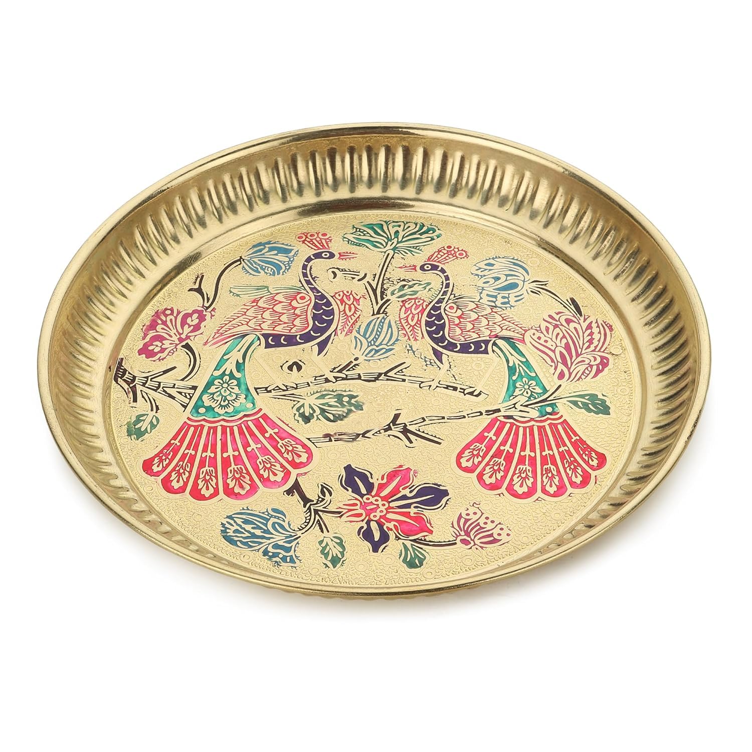 Festilo Brass Golden Color Peacock Design Plate (thali) for use Pooja, Home, Pooja thali/Brass Pooja Thali for Decorate mor Design thali (Size - 10 inch)
