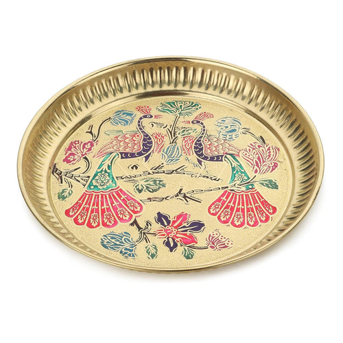 Festilo Brass Golden Color Peacock Design Plate (thali) for use Pooja, Home, Pooja thali/Brass Pooja Thali for Decorate mor Design thali (Size - 10 inch)
