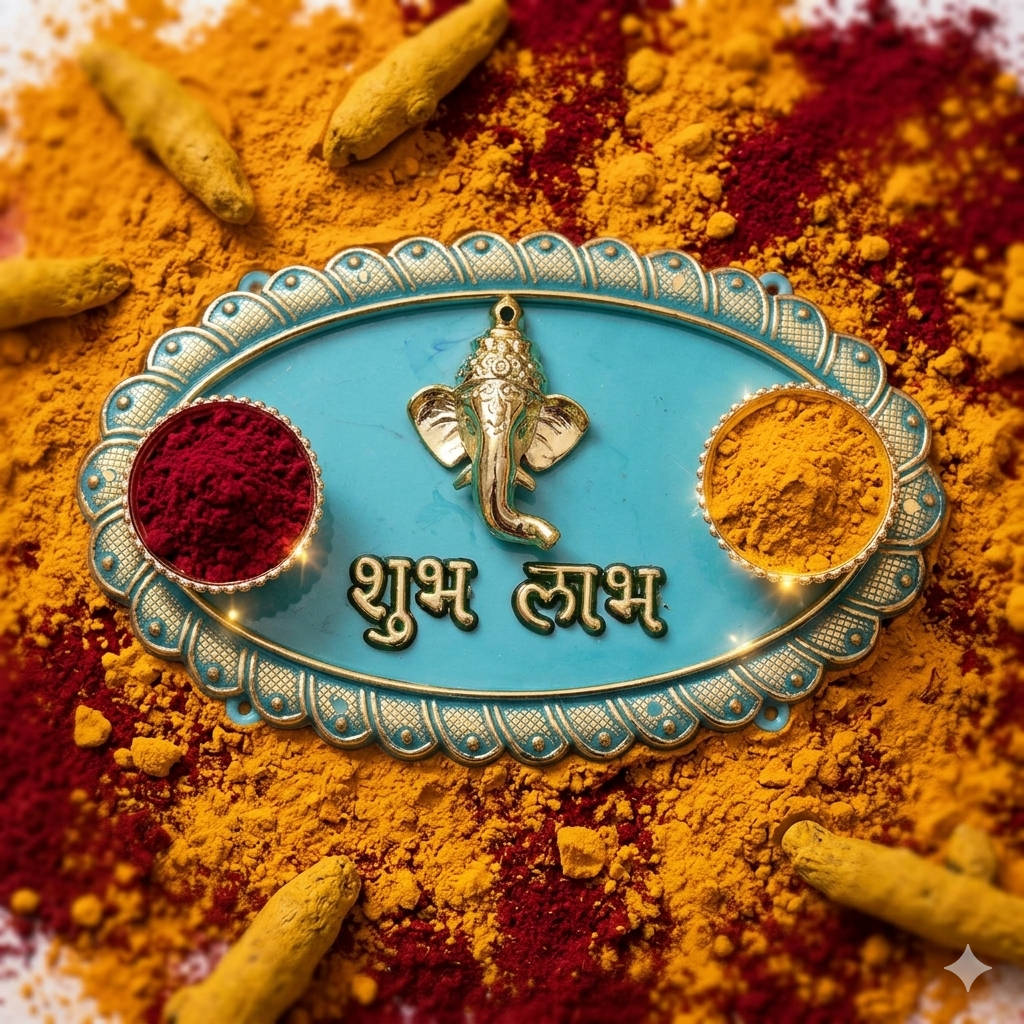 Festilo Handcrafted Acrylic Pooja Thali with Ganeshji, Kumkum Chawal Holder, Tilak Kankavati for Diwali, Engagement, Rakhi Decorations, 15x15 cm