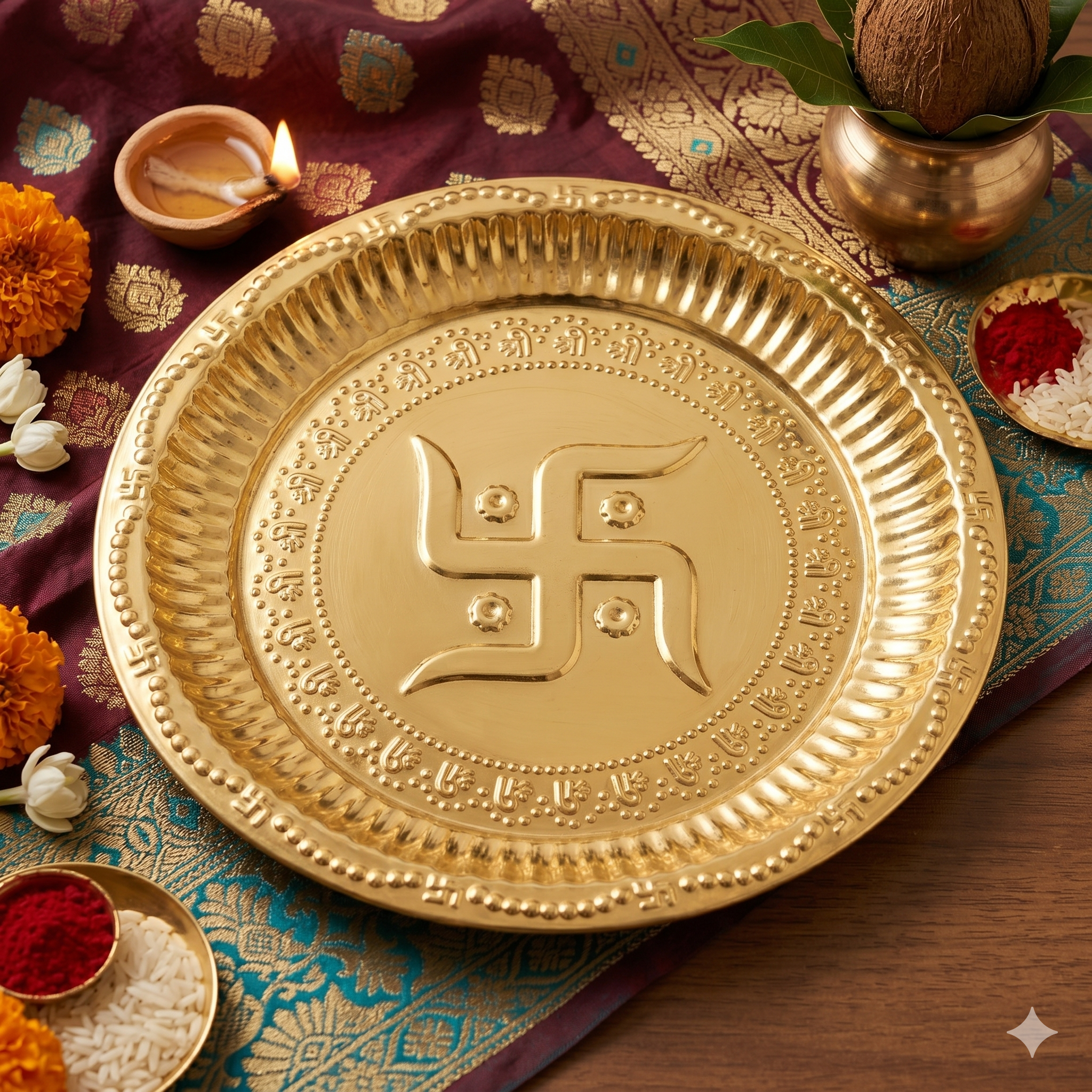 Festilo Brass Golden Color Swastik Design Plate (thali) for use Pooja, Home, Pooja thali/Brass Pooja Thali for Decorate mor Design thali (Size - 8 inch)