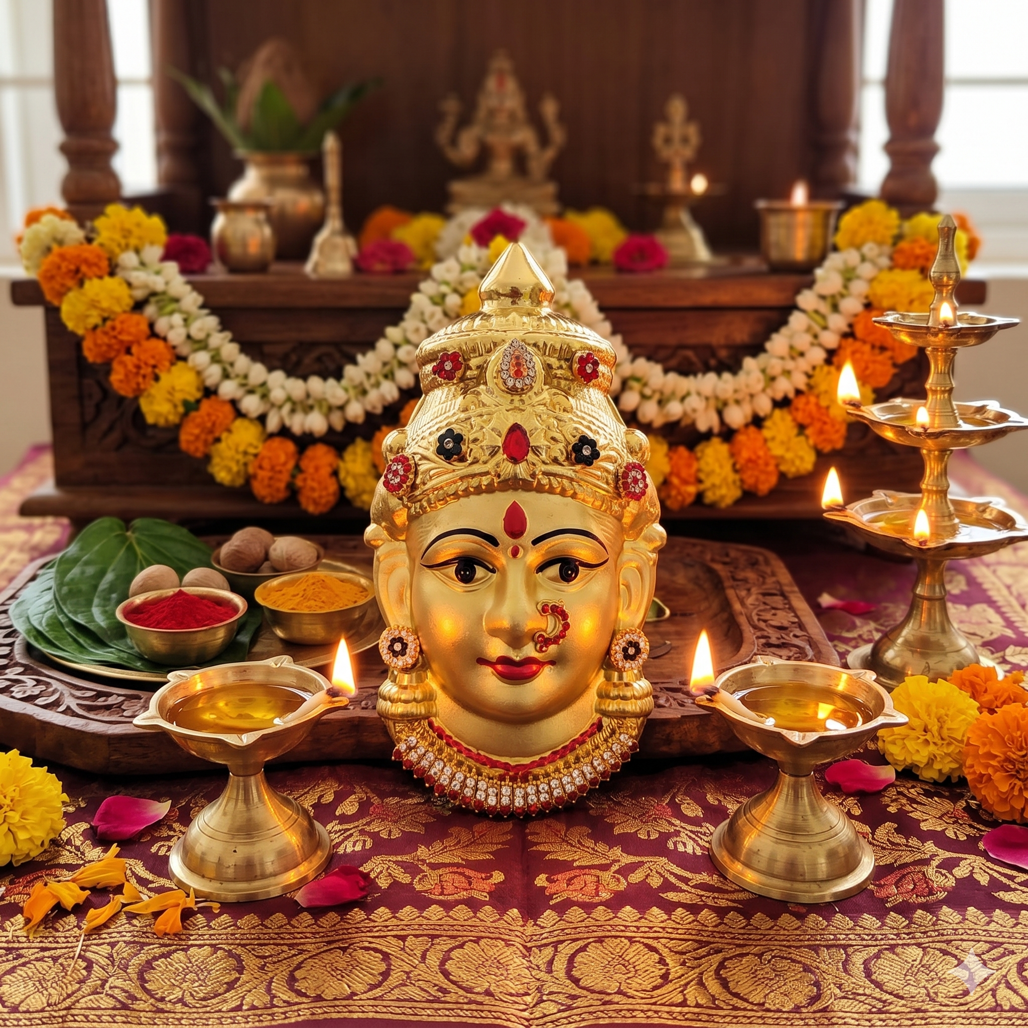 Festilo Brass Decorative Ammavari Face - Amman - Varalakshmi Face or Pooja (15x7.5 cm) (Gold, Brass), Religious