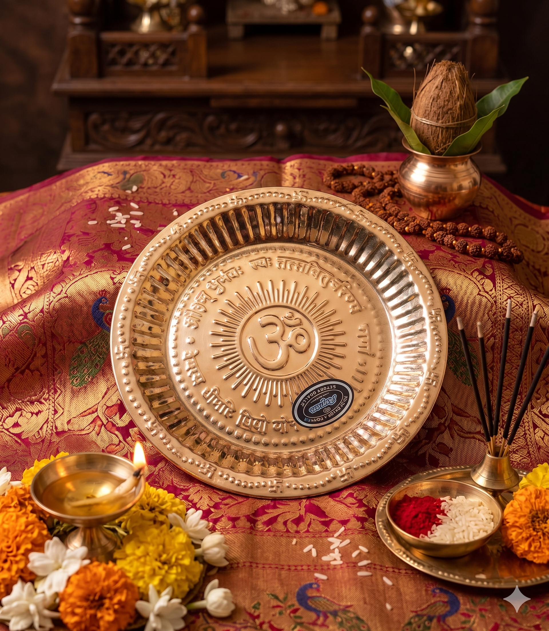 Festilo Brass Golden Color Om Design Plate (thali) for use Pooja, Home, Pooja thali/Brass Pooja Thali for Decorate mor Design thali (Size - 8 inch)