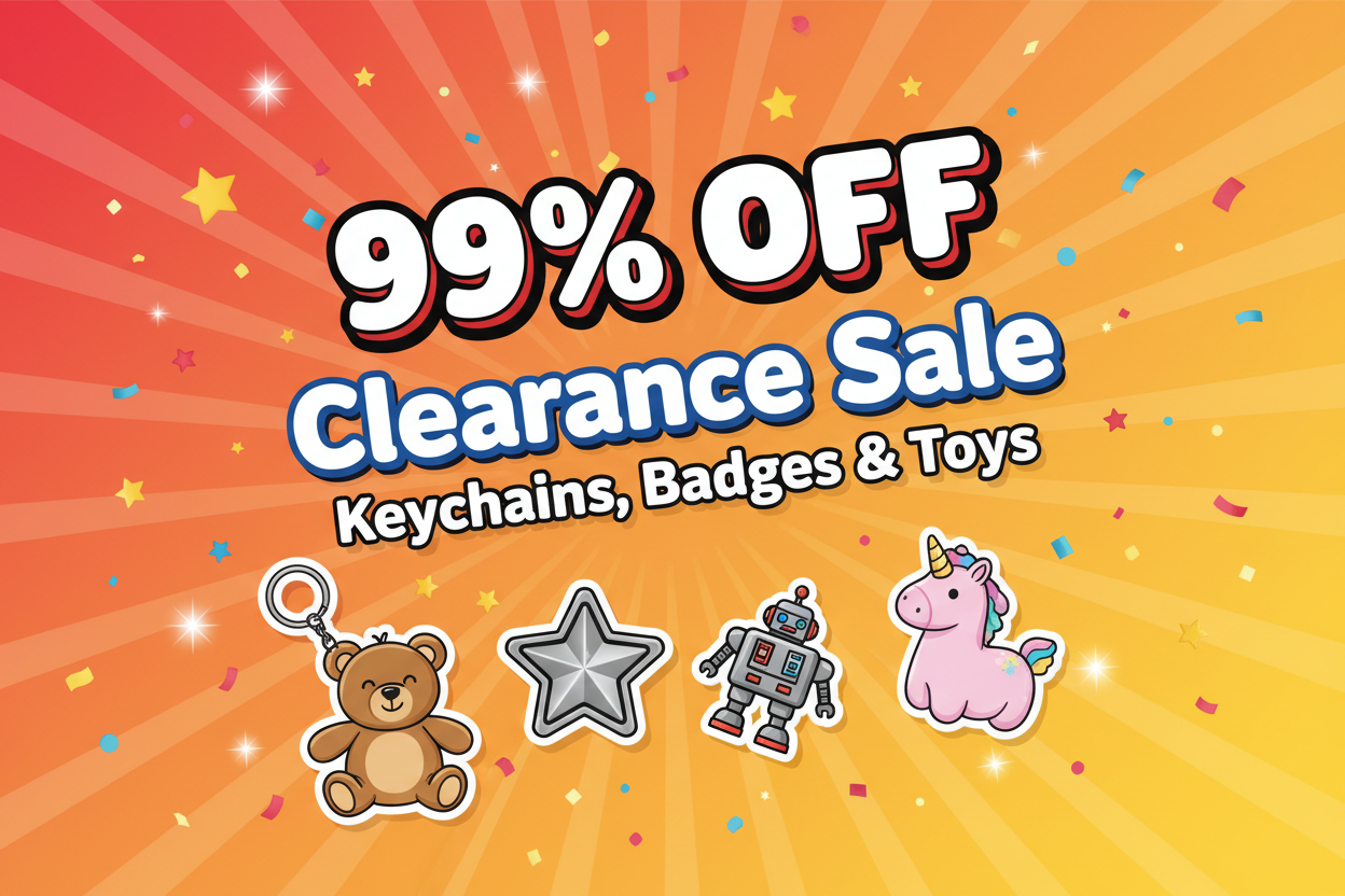 Clearance Sale Banner - 99% Off Keychains Badges Toys